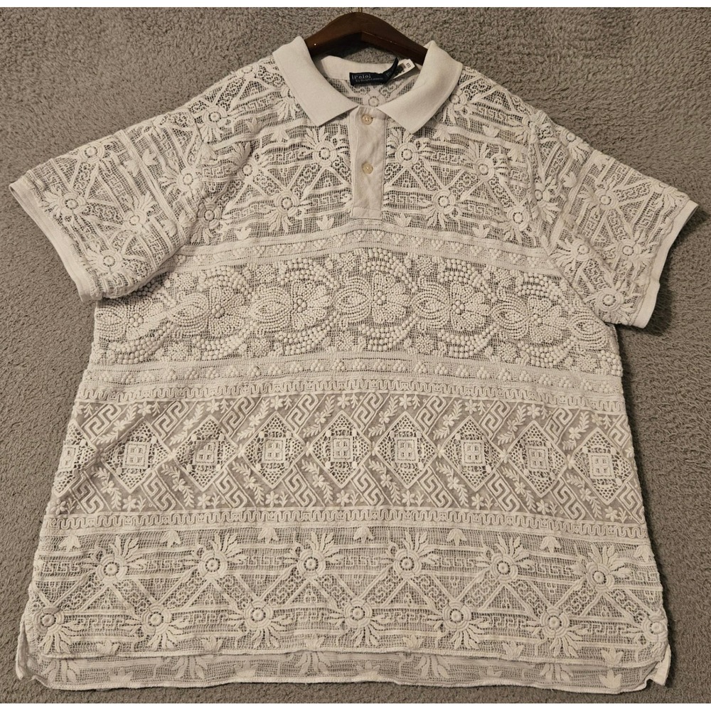 Polo Ralph Lauren Women's Geometric Lace Polo Shirt White Knight Size 2XL XXL - Picture 2 of 8